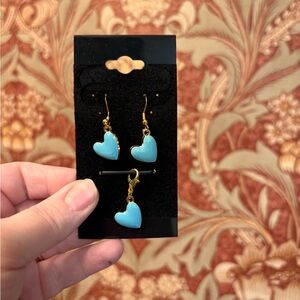 3pc Charming Gold and Blue Heart Earrings w matching charm